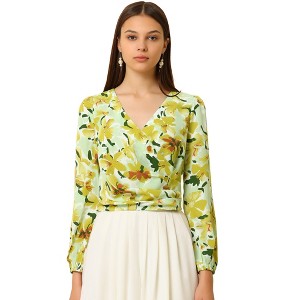 INSPIRE CHIC Women's Floral Print V Neck Pleated Waist Lantern Long Sleeve Crop Top Shirts - 1 of 4