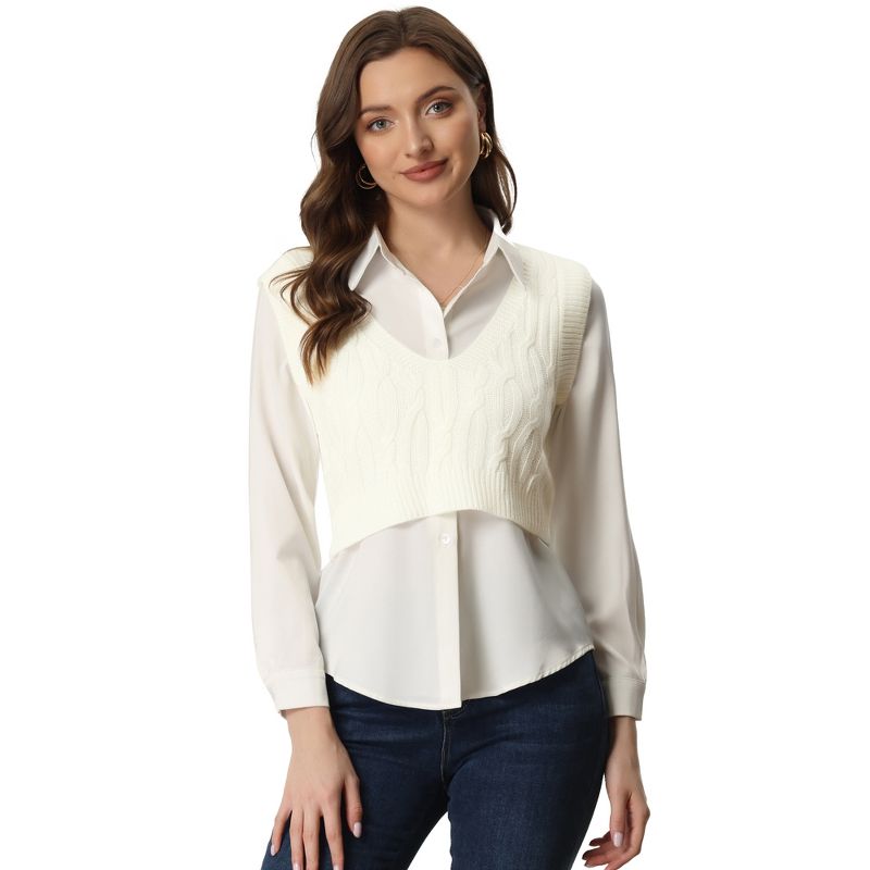 Allegra K Women's Deep V-Neck Knitwear Cable Crop Sweater Vest, 1 of 6