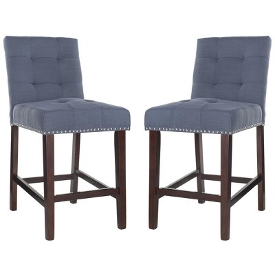Navy Blue Tufted Linen Transitional Counter Stool, Set of 2