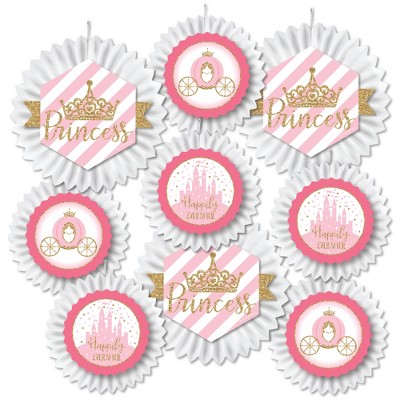 Big Dot of Happiness Little Princess Crown - Hanging Pink & Gold Princess Baby Shower or Birthday Party Tissue Decoration Kit - Paper Fans - Set of 9