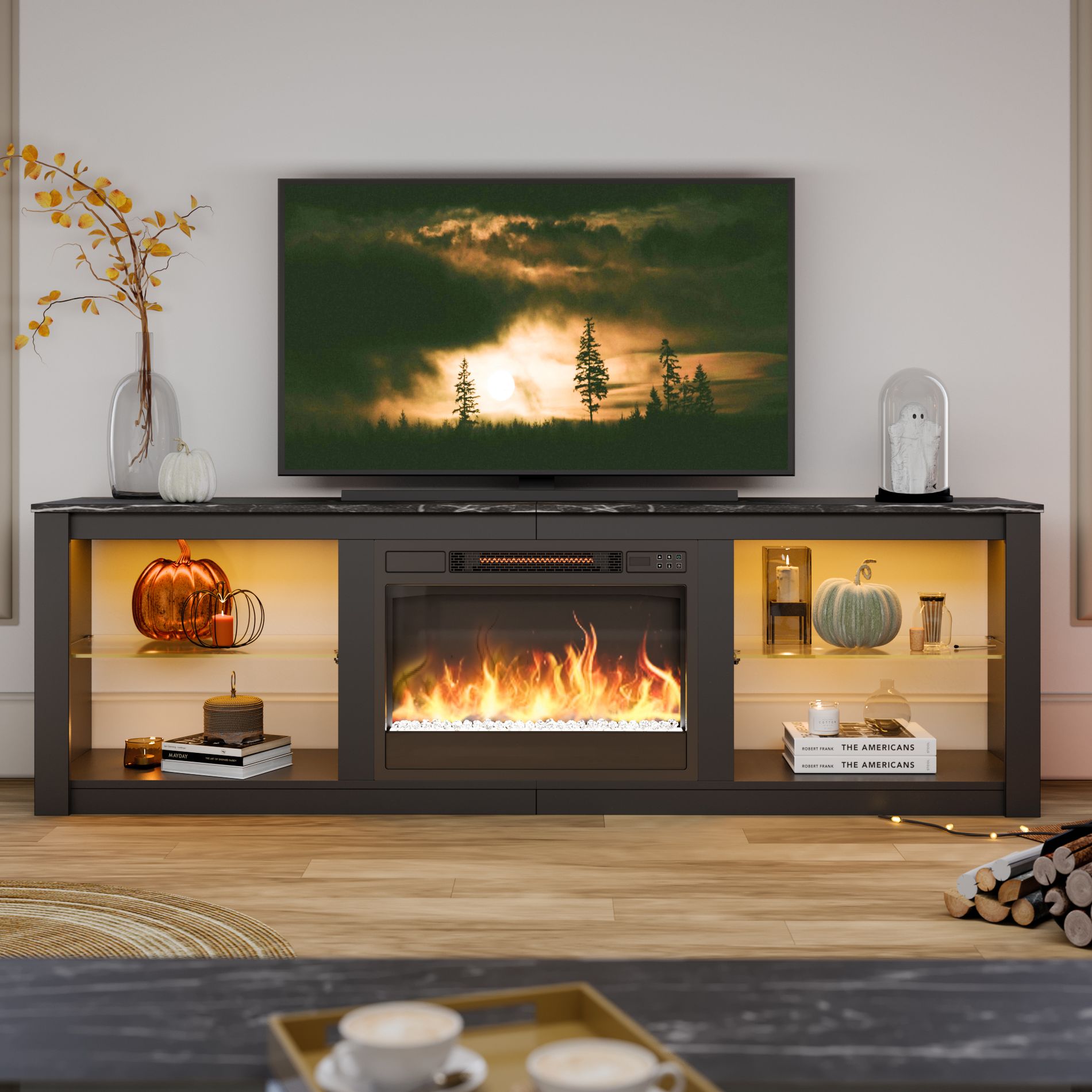 Bestier 71" Fireplace TV Stand for TVs Up to 75", Modern TV Stand with 36" Electric Fireplace with LED Lights & Shelves for Living Room, Black