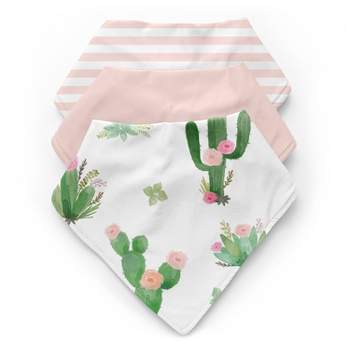 Sweet Jojo Designs Girl Fabric Baby Bibs Cactus Floral Pink Green and Grey 3pc