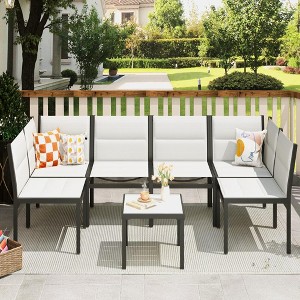 COWLOWN 7 Piece White Outdoor Sectional Furniture, Set with Cotton, Filled Textilene Fabric and Coffee Table for Garden, Backyard, Balcony and Lawn - 1 of 4