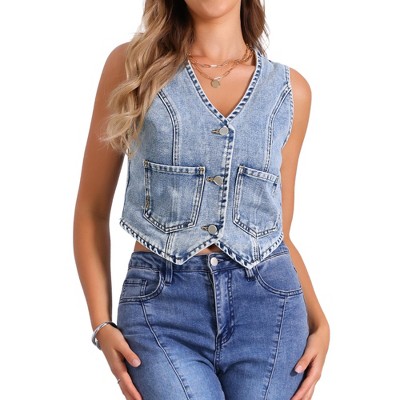 INSPIRE CHIC Women's V Neck Sleeveless Button Down with Pockets Denim Vest