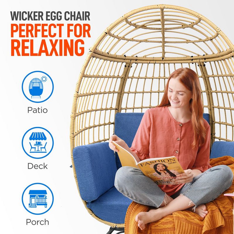 SereneLife Wicker Rattan Egg Chair, Indoor Outdoor Blue Sofa Chair for Patio Backyard and Living Room with 4 Cushions and Powder Coated Steel Frame, 4 of 10