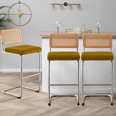 Bekrvio Bar Stools Set of 2/3/4, 26”/30" Barstool with Rattan Back, Velvet-Upholstered & Chrome Frame,Mid Century Modern Kitchen Stool for Island
