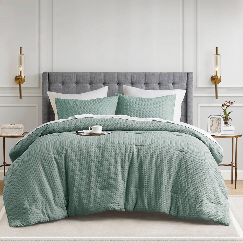 Photos - Bed Linen King/California King Mina Waffle Weave Textured Comforter Set Sage Green - 510 Design: Microfiber, OEKO-TEX Certified