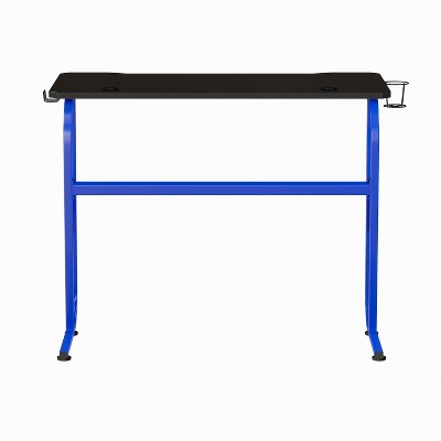 Sleek Blue and Black Ergonomic Gaming Desk with Cup Holder and Headphone Hook