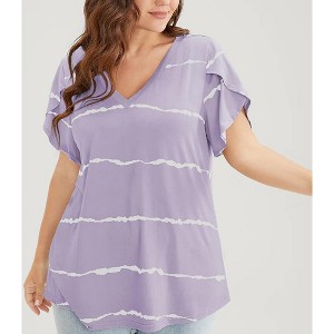 Plus Size Tops for Women V Neck Tops Stripes T-Shirt with Flutter Short Sleeve Plus Size Summer A Line Flowy Casual Tops - 1 of 3