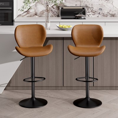ORRDSwivel Bar Stools Set of 2, Whiskey Brown PU Leather Adjustable Height 22.2-31 Inch Counter Stools with Footrest for Kitchen Island