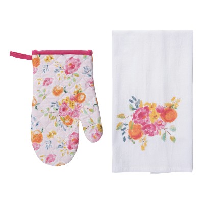 Transpac Cotton 10" Pink Floral Mitt and Tea Towel Set of 2