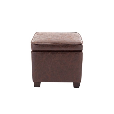 Square Storage Ottoman With Piping And, Light Brown Leather Square Ottoman