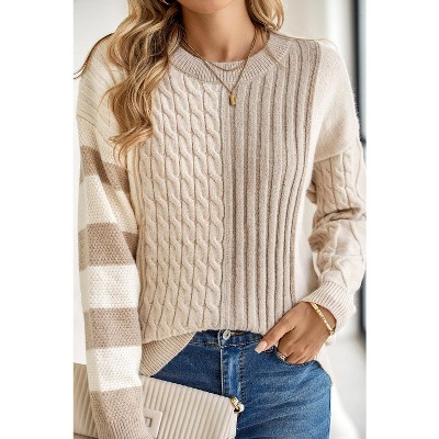 I AM A FASHION JUNKY Khaki Cable Knit Colorblock Crew Neck Drop Shoulder Sweater