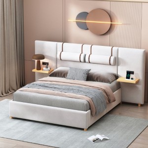 Queen Velvet Platform Bed with Bedside Pillows, Storage Shelves, and Dual Outlets with USB Ports - 1 of 4