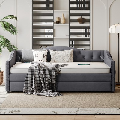 Twin Size Mid-Century Modern Upholstered Daybed with Trundle and USB Port, Wood Frame Bed with Velvet Fabric for Bedroom-Baofuwish