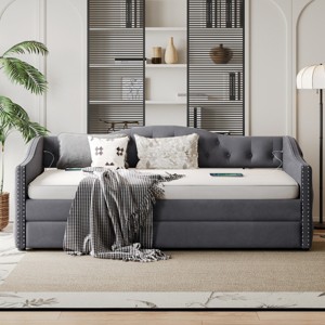 Twin Size Mid-Century Modern Upholstered Daybed with Trundle and USB Port, Wood Frame Bed with Velvet Fabric for Bedroom-Baofuwish - 1 of 4