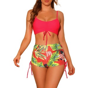 Elerevyo Women's Drawstring Push Up Top Tropical Print High Waist Shorts Swimwear Bathing Suits 2 Pcs - 1 of 4