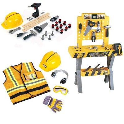 Theo Klein Bosch DIY Premium Toy Toolset Bundle with Caterpillar Construction Worker Costume Vest Set and Toy Workbench and Tool Set for Ages 3 and Up