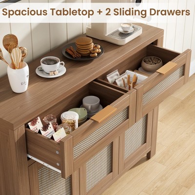 Garvee Boho Rattan Buffet Sideboard Cabinet with 2 Drawers Magnetic Cabinet Doors & Customizable Inner Shelves, for Kitchen Living Room Dining - Dark Oak — фото 7
