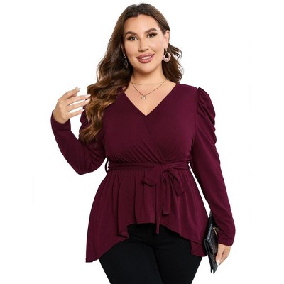Women Plus Size Puff Sleeve Blouse with Belt