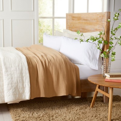 Beige Cotton Muslin Fleece Reversible Throw Blanket