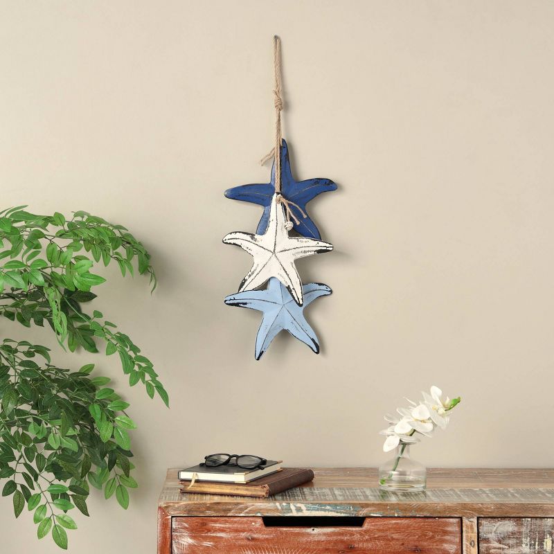 27&#34;x2&#34; Wooden Starfish Distressed Layered Wall Decor with Hanging Rope and Decorative Shell Accents Blue - Olivia &#38; May, 2 of 9