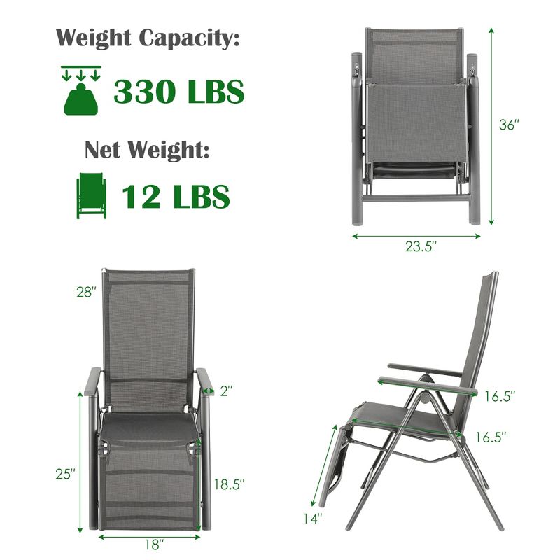 Costway Outdoor Foldable Reclining Chair Aluminum Frame 7-Position Adjustable, 3 of 11