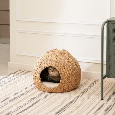 LAOTIES 18"x18" Wicker Cat Bed Cave with Handles,Water Hyacinth Indoor Pet House for Cats and Small Dogs