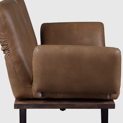 Nutmeg Top Grain Leather Round Arm Sofa with Solid Wood Base