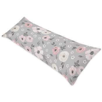 Sweet Jojo Designs Girl Body Pillow Cover (Pillow Not Included) 54in.x20in. Watercolor Floral Grey and Pink