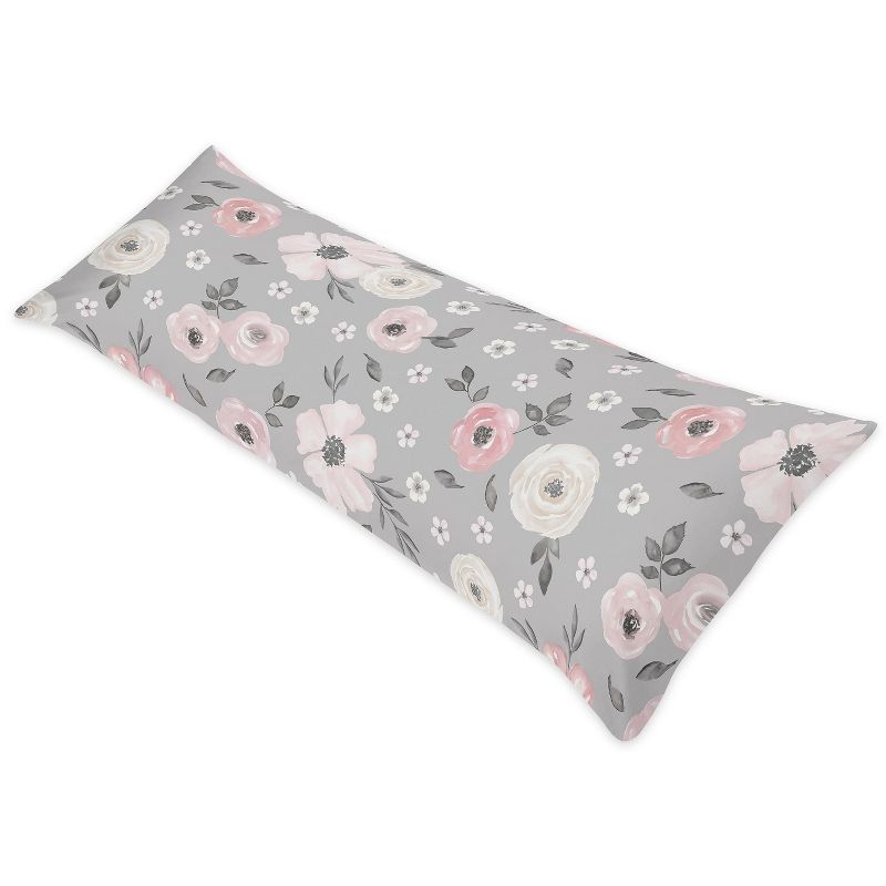 Sweet Jojo Designs Girl Body Pillow Cover (Pillow Not Included) 54in.x20in. Watercolor Floral Grey and Pink, 1 of 7