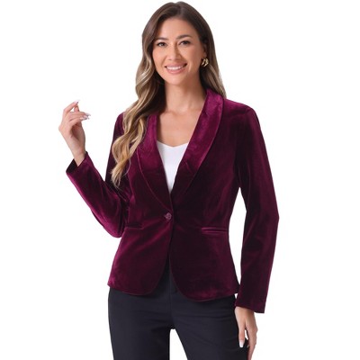 INSPIRE CHIC Women's Office Solid Shawl Collar Jetted Pockets One Button Velvet Blazer