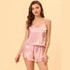 cheibear Women's Satin Spaghetti Cami Tops Ruffle Trim Shorts Sleepwear Sets - 2 of 4