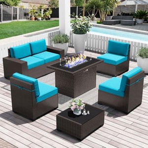 LayinSun 7 Pieces Outdoor Patio Furniture Set with 44" Fire Pit Table Brown Rattan Sectional Sofa Conversation Sets - 1 of 4