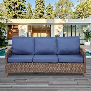 Buenhomino 74'' Patio Sofa, All Weather Outdoor Rattan Wicker 3-Seat Sofa High Back Couch with Premium Cushions for Garden Backyard Porch,Brown/Blue - 1 of 4