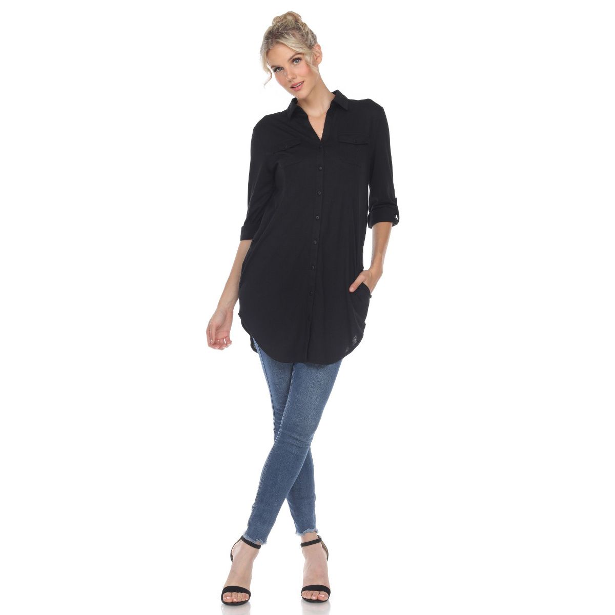 Women's Stretchy Button-Down Tunic - White Mark