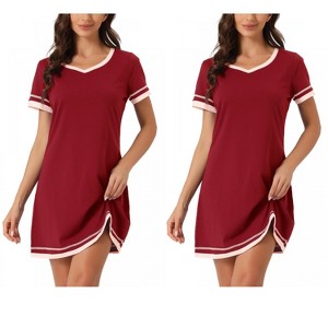 INSPIRE CHIC Women's 2 Pcs Short-Sleeve Nightshirt Color-Block V-Neck Sleepdress Set - 1 of 4