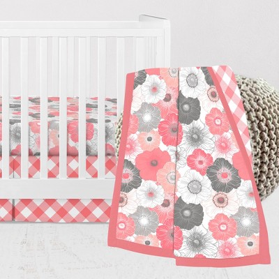 Bacati - Watercolor Floral Coral Gray Chocolate 3 pc Baby Crib Bedding Set for Girls 100% cotton fabrics