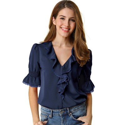 INSPIRE CHIC Women's Ruffle V Neck Puff Sleeve Summer Casual Chiffon Peasant Top