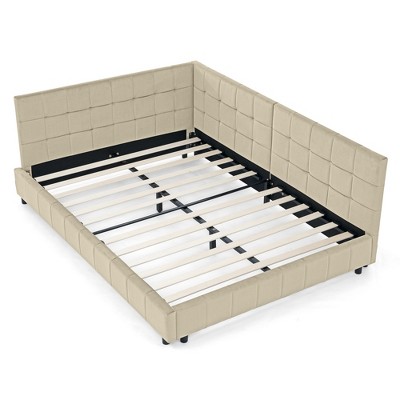 VYNXARIA Stylish Full Size Tufted Bed in Beige Velvet: Comfortable Backrest, Armrests, Perfect for Bedroom and Living Room