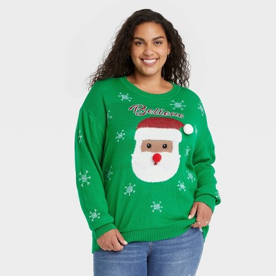 Women's Plus Size Holiday Believe Santa Graphic Pullover Sweater - Green 3X