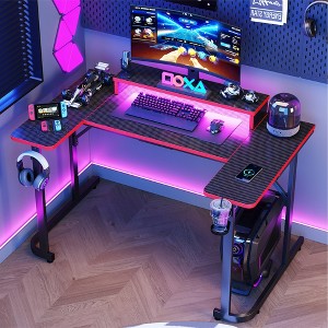 Bestier U-shaped Gaming Desk with Monitor Stand, LED Lights, Headphone Hooks, Cup Holder, Carbon Fiber Black - 1 of 4