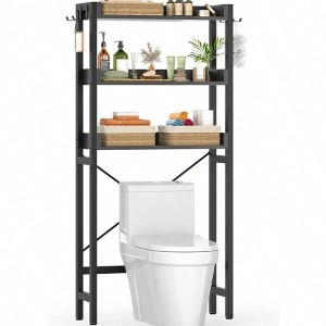 Over - Toilet Storage Rack 3 - Tier Bathroom Organizer Shelf Freestanding Space Saver with 4 Hooks Black - 1 of 4