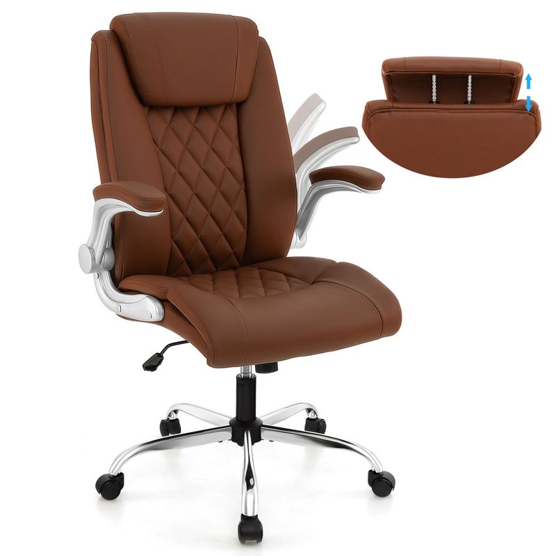 Costway PU Leather Office Chair Height Adjustable Executive Chair with Adjustable Headrest Brown/Black, 1 of 10