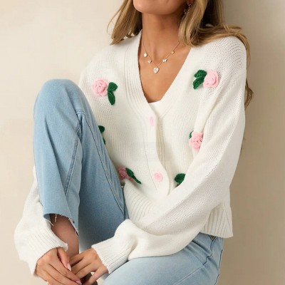 Women's Floral Embroidery Cardigan Long Sleeve Knit Sweater Cover Up Casual Open Front Button Down Cardigan Coat