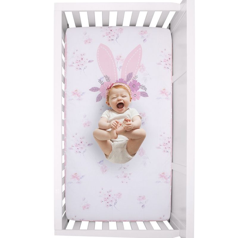 NoJo Flower Bunny Pink, White, and Lavender Bunny Ears 100% Cotton Nursery Photo Op Fitted Crib Sheet, 4 of 5
