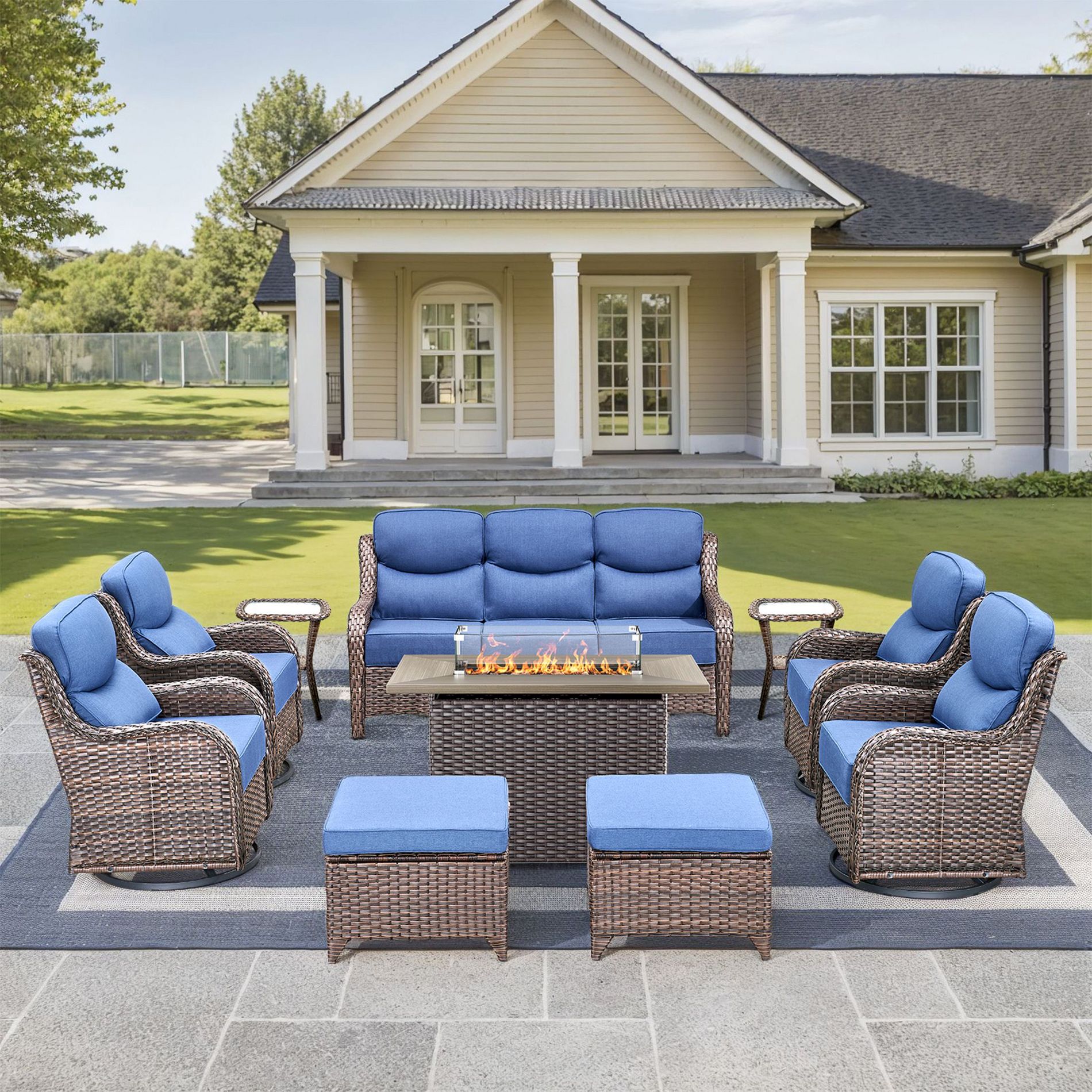 Gymojoy 10 Pieces Outdoor 6 Inch Sofa Swivel Chair Ottoman with Fire Pit Table