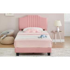 Twin Bed Frames - Upholstered Platform Bed Frame with Bed Headboard, Strong Wooden Slats, Velvet Fabric Wrap, No Box Spring Needed - 1 of 2
