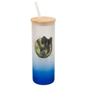 Elanze Designs 25 Ounce Frosted Glass Gradient Travel Tumbler With Straw and Wooden Lid, Softball With Black Bow Navy Blue - 1 of 1