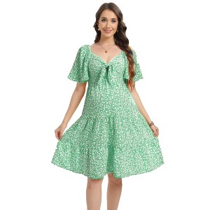 Women's Floral Knotted Ruffle Hem Knee Length Wrap Baby Shower Dress - 1 of 3